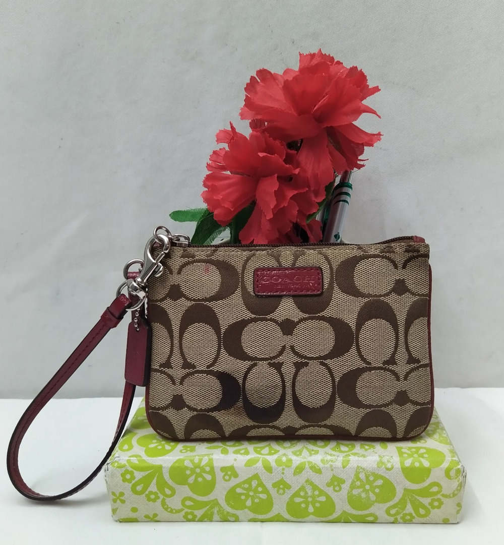 Coach Signature Brown Zipper Closure Wristlet - Coin Wallet